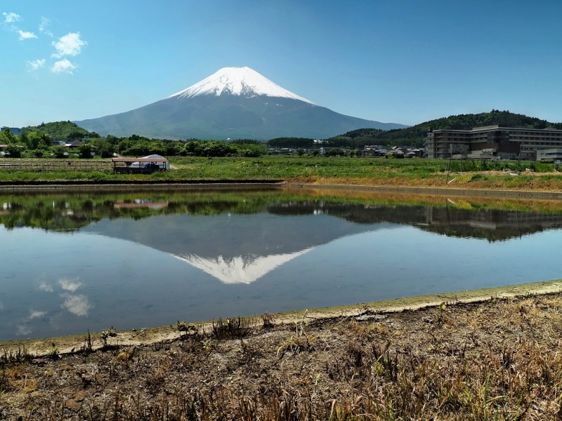 逆さ富士と田園風景